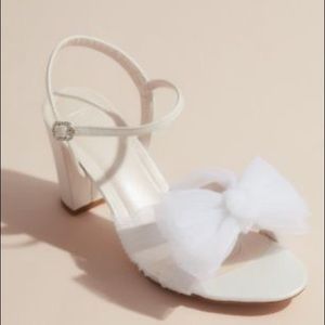 David’s Bridal Pleated Chiffon Bow Mid-Heel Sandals White